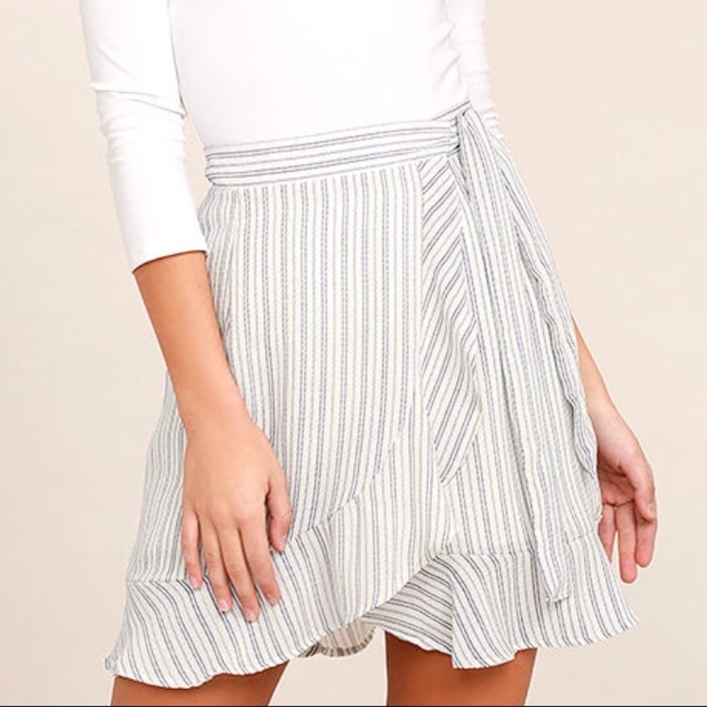 NWT blue and white wrap mini skirt